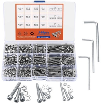 540 Stück Edelstahl Schraubenset M3 M4 M5 Muttern Unterlegscheiben Fahrrad He...