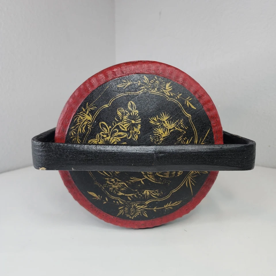 Cesta de boda vintage asiática de laca negra de 3 niveles floral pintada a mano de bambú Foto 4 de 4