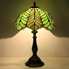 Tiffany Brown Green Leaf Stained Glass Table Lamp Bedside Reading Light 12x19"