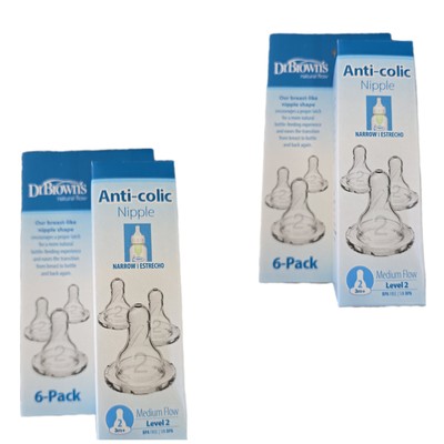 Dr. Brown's 6 Pk Natural Flow Anti-Colic Nipple Level 2 Medium Flow  3m+-2 Packs