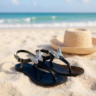 Olivia Miller Crystal Black Butterfly Jelly Thong Flip Flop Sandal 10 M