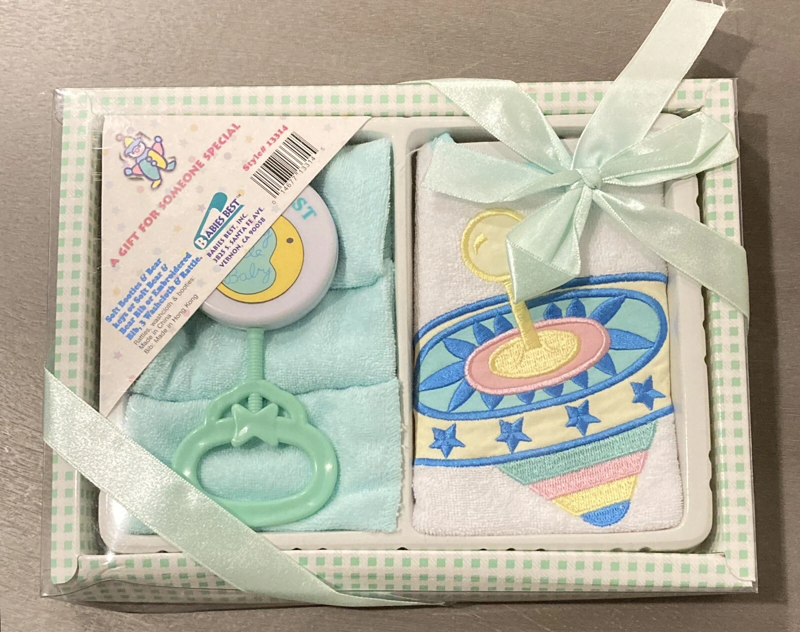 NOS Vintage Baby Shower Boxed Gift Set - Washcloth Lot Embroidered Bib Rattle