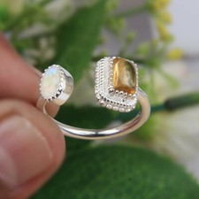 Natural Citrine, Moonstone Engagement Ring 925 Sterling Silver Double Stone Ring