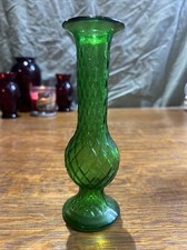 Vintage EO Brody Co Green Glass Bud Vase Diamond Pattern 7-1/2" Made in USA