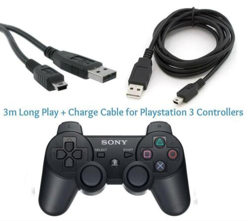 3M Long Play & Charge Cable for PS3 Controller GamePad Pad Charging Charger Lead - Afbeelding 1 van 4