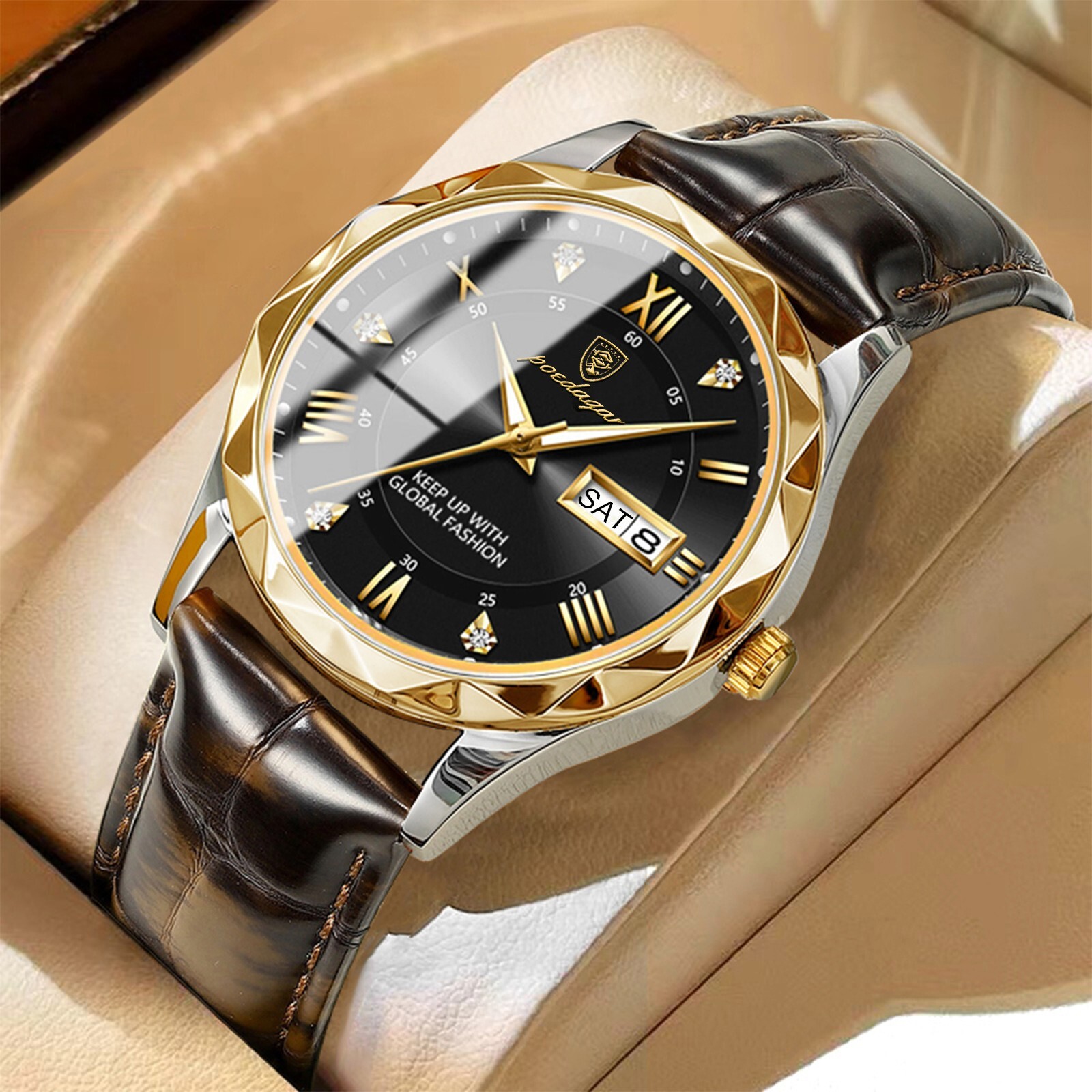 Montre de luxe homme bracelet cuir véritable avec coffret cadeau anniversaire