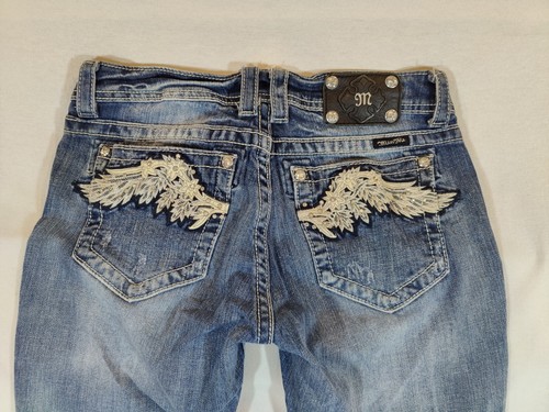 Miss Me Jeans Women 30 Bootcut Embellished Pockets Lowrise Distressed Denim Blue - Picture 2 of 11