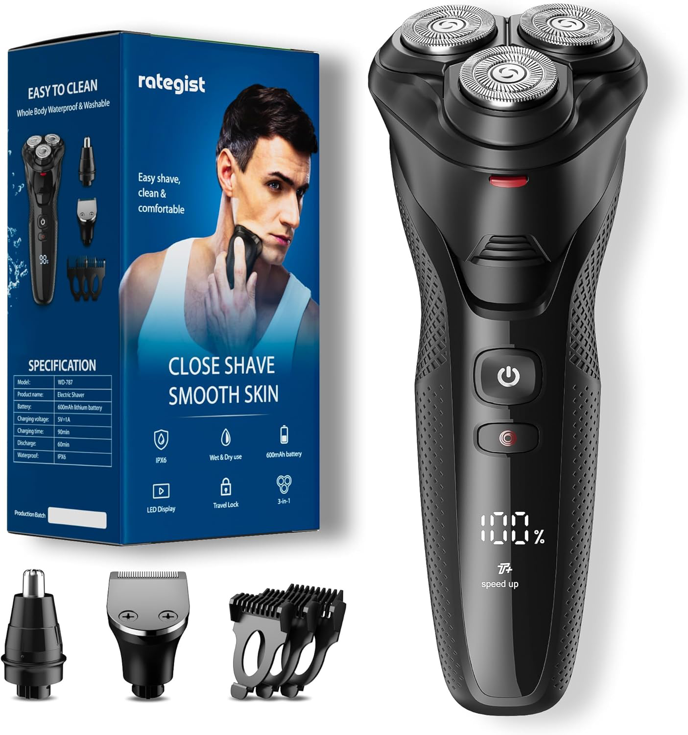 Men's Rechargeable Electric Razor - Waterproof Wet/Dry Shaver by Rategist-image