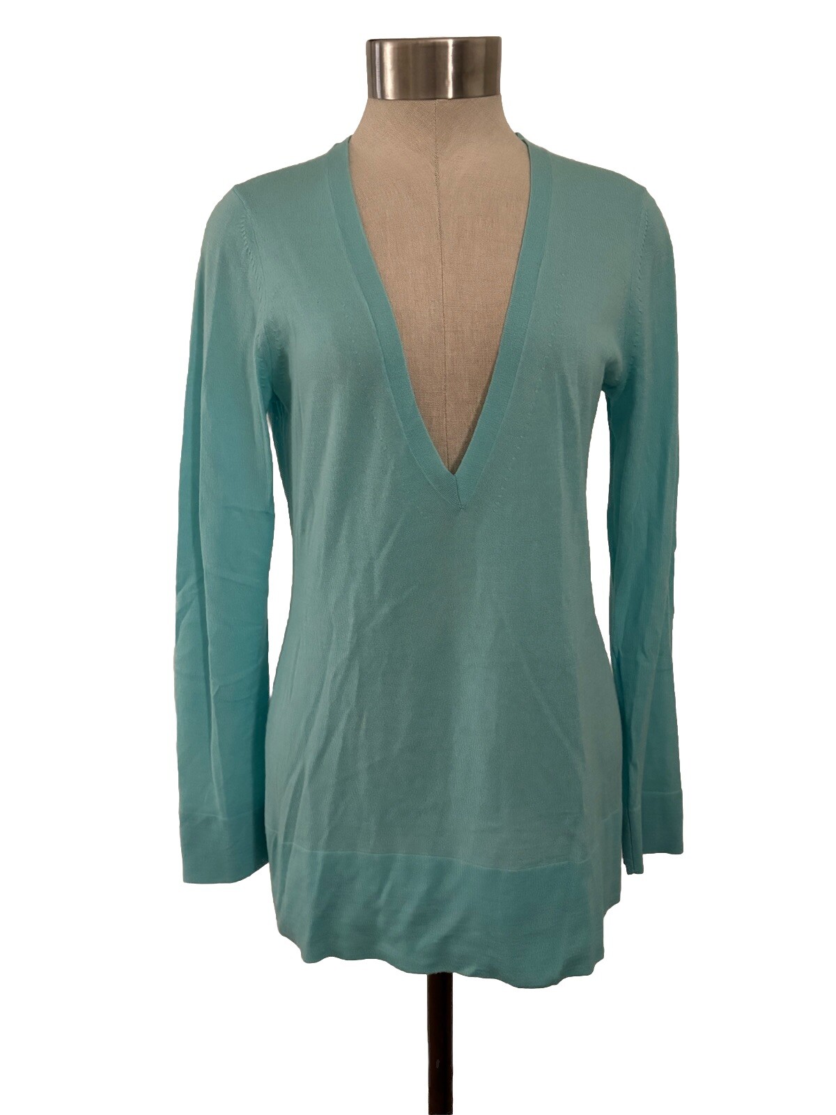 Banana Republic Italian Cashmere Deep V Neck Aqua Sweater Size M Lightweight Long Fit