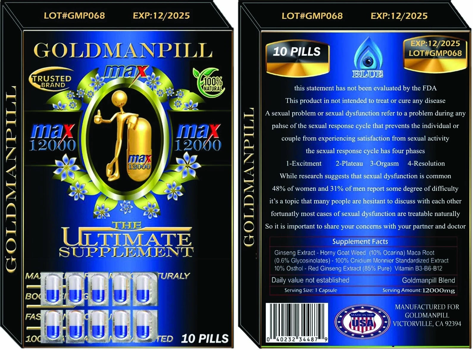 100% Original gold man blue 12000/ a pack of 10 count buy 4 get 1 free
Opens in a new window or tab