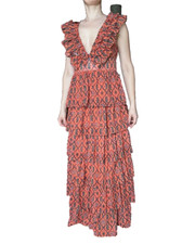 Boho Resort Maxi Dress Deep V Neck, Ruffle Tiers, Tribal Print, Festival Sz M