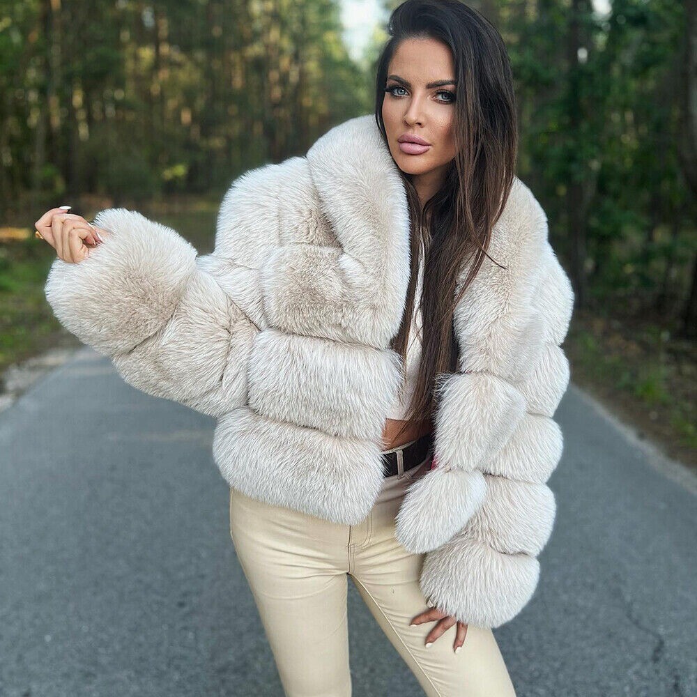 Elegant Women Real Fox Fur Jackets Winter Cropped Coat Lapel