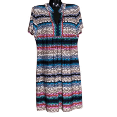 Trina Turk Basket Weave Print Short Sleeve Mandarin Collar Pull On Dress Sz L