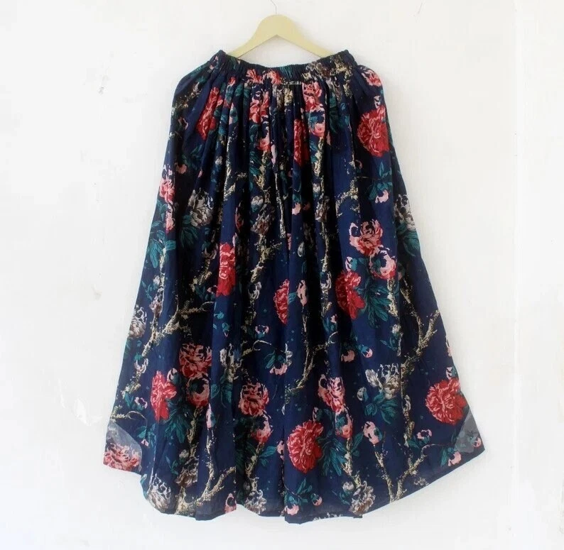 Indian Navy Blue Floral Skirt Cotton Skirt, Long Skirt Free Size Beachwear Skirt