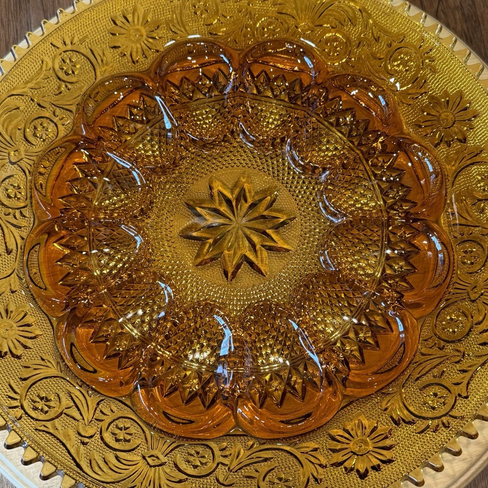A+ VTG Indiana Glass Tiara Amber Deviled Egg Plate 12" Sandwich Pattern Platter