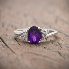 Amethyst Ring, Three Stone Ring, 925 Sterling Silver, February Birthstone