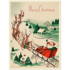 Merry Christmas Santa Sleigh Reindeer Vintage Holiday Poster