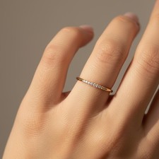 14k Solid Gold Dainty 9 Diamond Band Ring, Stackable Diamond Band