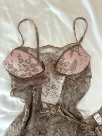 La Perla Lace Babydoll Chemise with Satin Trim with panties set Brown & Pink