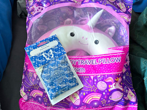 Unicorn Plush Neck Travel Pillow, Pink & White Soft Plush Padding with scent pac