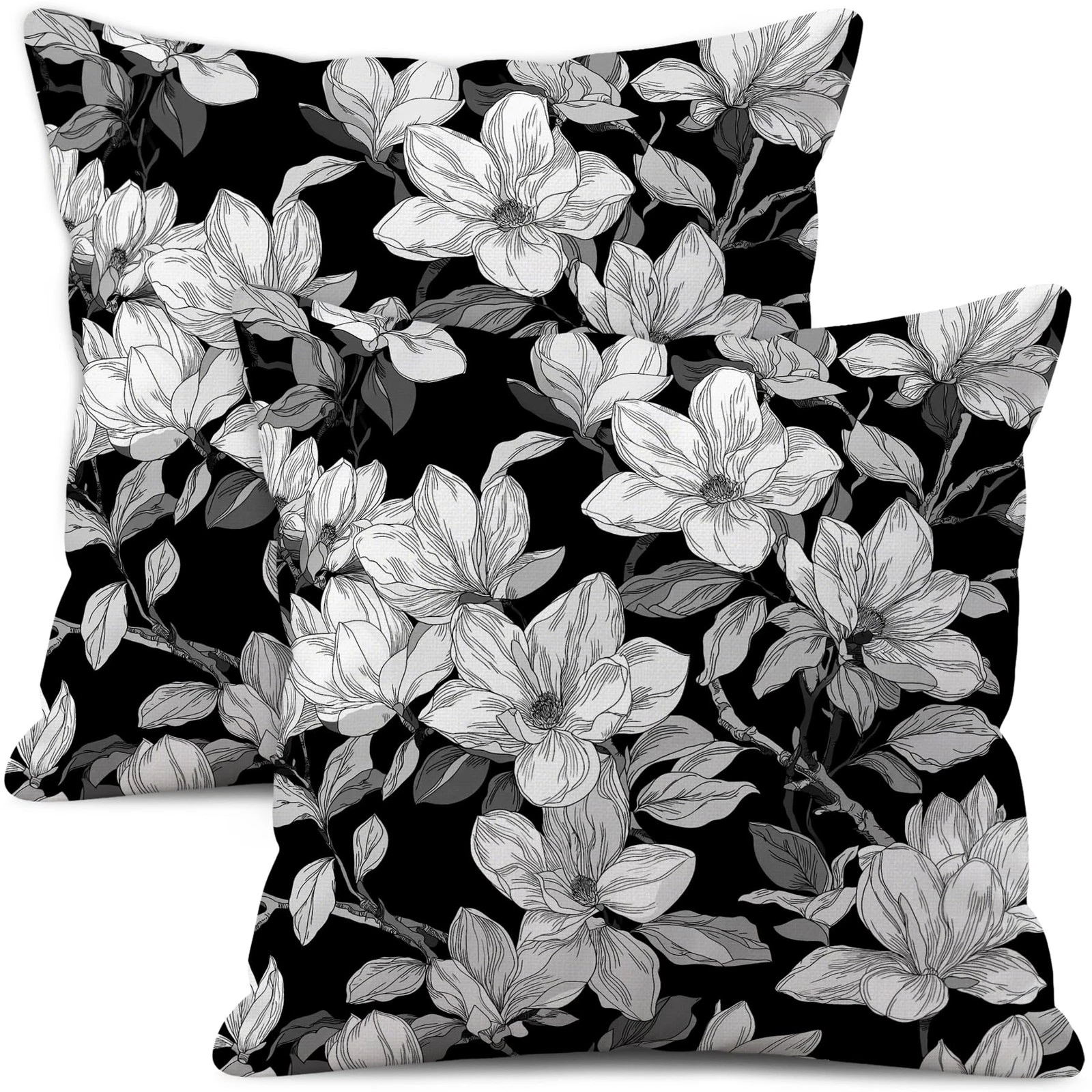 Black Floral Throw Pillow Covers 20x20 Inch Set of 2, White Linen Botanical D...
