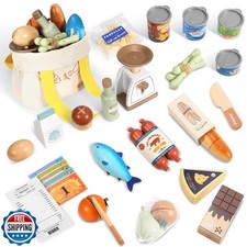 Pithfor Wooden Play Food Set for Kids Toddlers, Grocery Store Pre