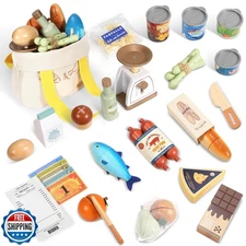 Pithfor Wooden Play Food Set for Kids Toddlers, Grocery Store Pre