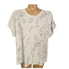 C&C California White Green Floral Print V Neck Short Sleeve Cotton Blend X Large