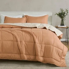 Full/Queen Reversible Comforter Set | Down Alternative Sand/Coral 3...