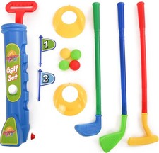 Childrens Golf Toy Set Clubs Balls Flag Plastic Caddy Kids Garden or Indoors Fun