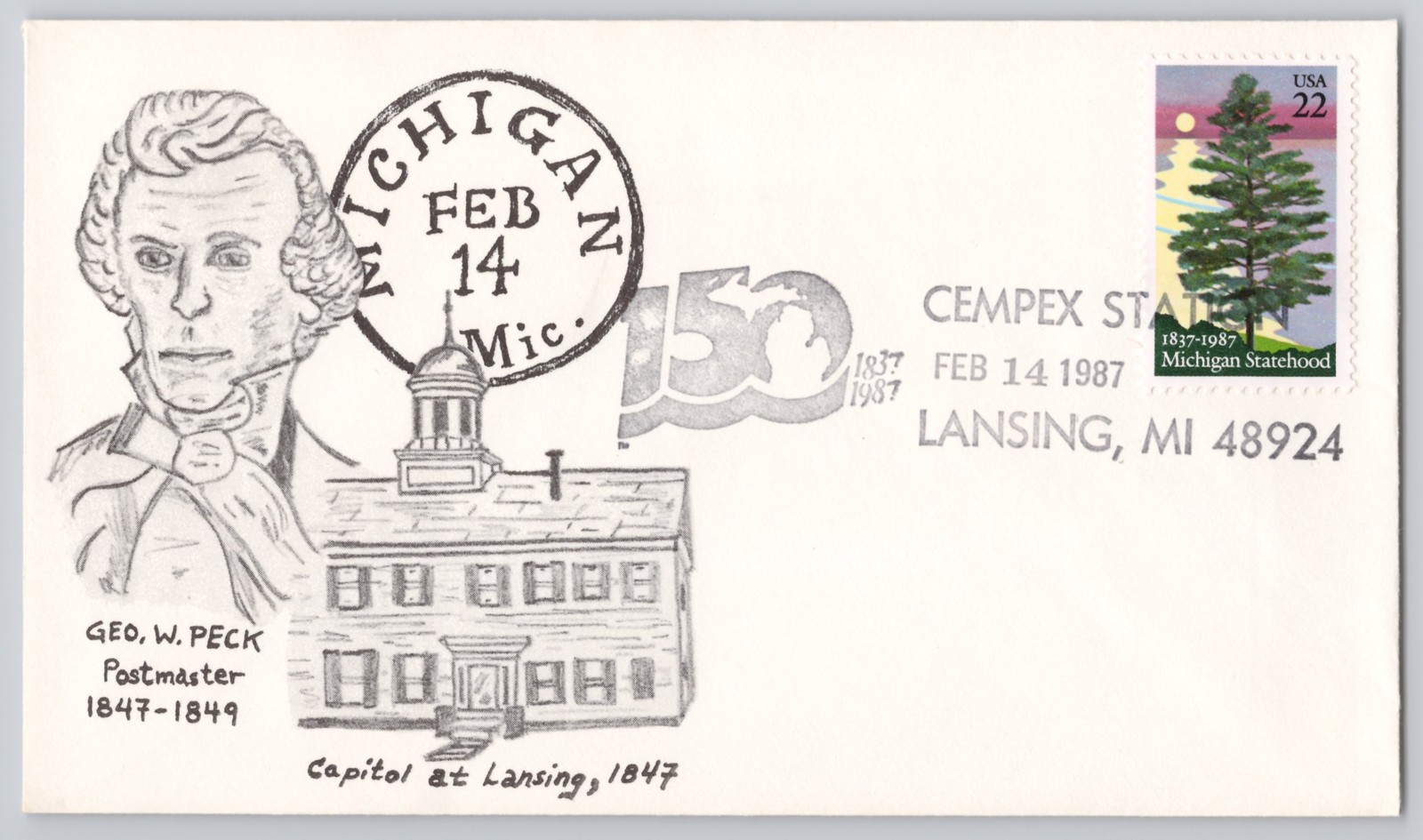 Lansing, MI — Capitol at 1847, Michigan Statehood 150 cachet — 1987 — Modern