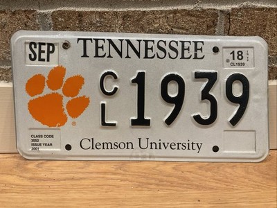 2018 Tennessee license plate, Clemson University South Carolina CL1939