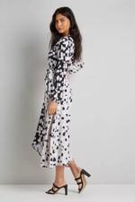 Image of WALLIS Mono Spot Wrap Dress UK 8 Long Sleeve Black White Beige NEW With Tags