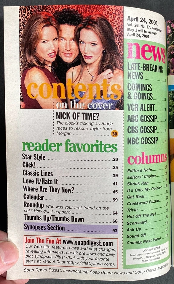 SOAP OPERA DIGEST Apr/May 2001 ~ B&B Ridge,Morgan,Taylor/Days Bo/Y&R Nick/Damian - Image 3 of 4
