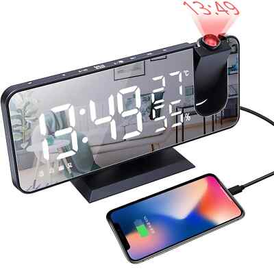 180° Arm Projection LED Digital Alarm Clock Table Watch FM Radio Electronic