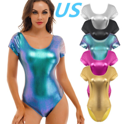 Women's Shiny Metallic Bodysuit Short Sleeve Leotard Jumpsuit for Gymnastics