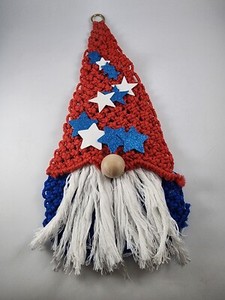 Patriotic Gnome Macrame Wall Hanging Holiday Red White Blue Door Decor