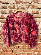 Indian Magenta Pink Bird Quilted Velvet Jacket Handmade Jacket Women's Clothing