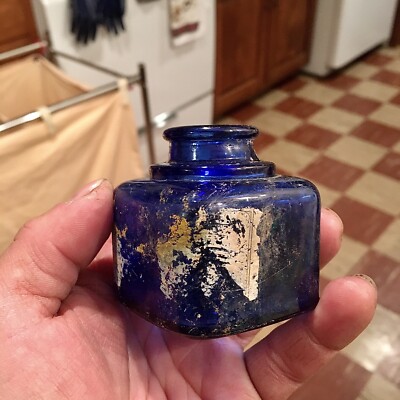 Pretty Antique Cobalt Blue Square Ink Well Bottle Label Remnants Ca 1920 Nice