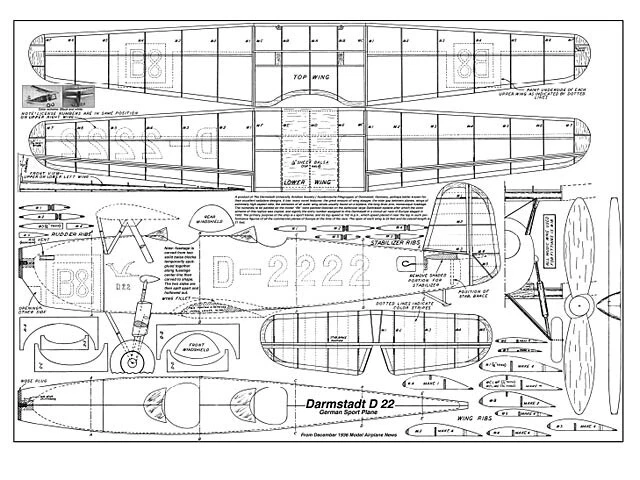 Darmstadt D-22 F/F Rubber 22" Wingspan Model Airplane Printed Plans & Templates - Image 2 of 2