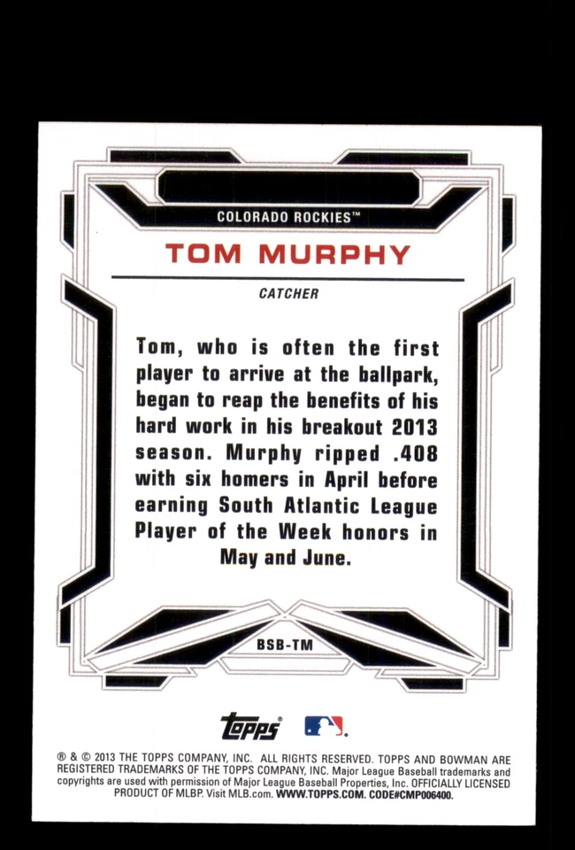 Signed Baseball Card Auto Tom Murphy 2013 Bowman #BSB-TM Colorado Rockies - Image 2 of 2
