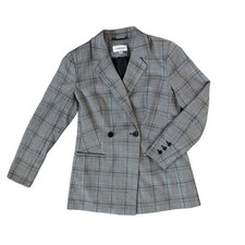 Calvin Klein Glenn Plaid Double Breasted Blazer Jacket Sz 8 Grey Black Plaid