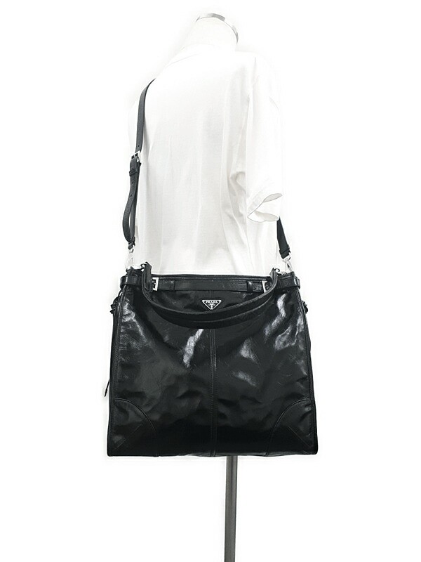 PRADA Leather 2WAY Shoulder Bag 2VH215 Vintage Processed Black image 9