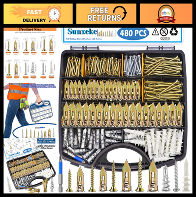 #ad 480 PCS Heavy Duty Drywall Anchors Kit Self Drilling No Drill Needed Zinc Pl $53.99