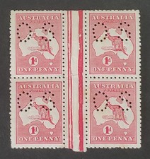 AUSTRALIA. GV 1914. RARE! 1d (d2a) block of 4 Kangaroo stamps & Small OS. MUH.