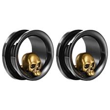 2PCS Stainless Steel Ear Gauges Tunnels Expander Vintage Black Gold Skull 0g-...