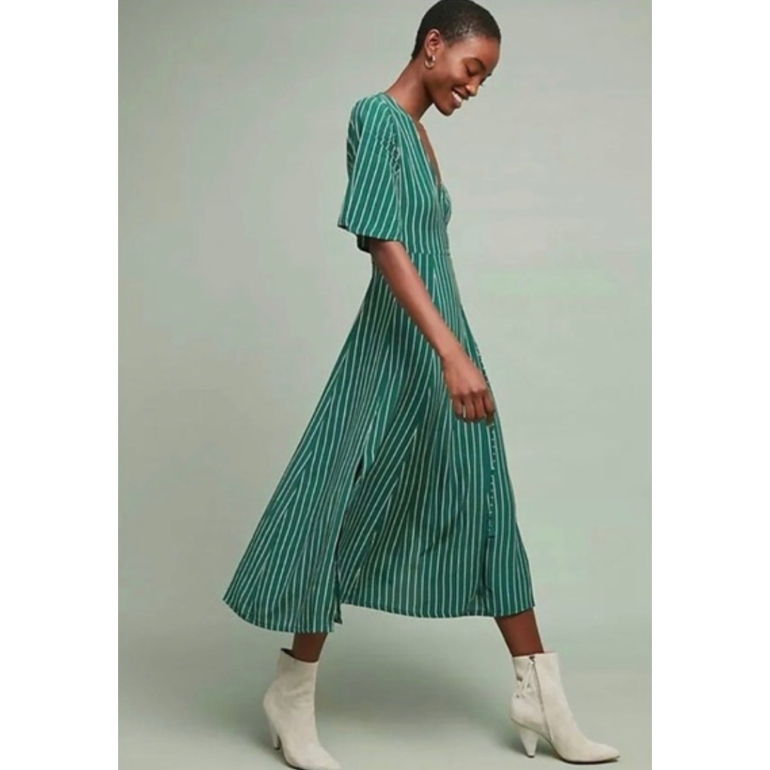 NWT Faithfull the Brand Womens Rivers Wrap Green/White Striped Tie Midi  Dress 2