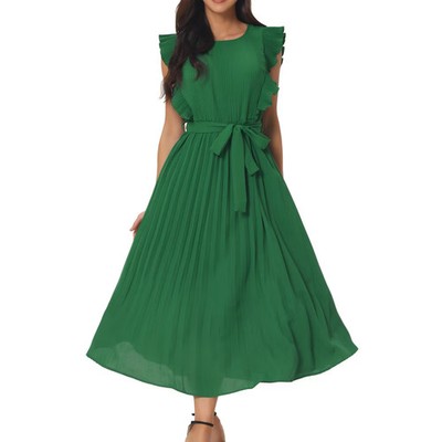 Seta T Women Casual Ruffle Sleeveless Crewneck Pleated Flowy Belted