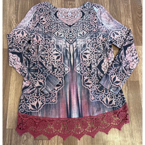 Live and Let Live Pink Grey Scroll Print Lace Trim Top Medium 2B778 STARAC - Picture 6 of 6