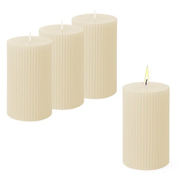 Echtwachs Stumpenkerze Geriffelt 4Er Set - Creme - Advent Weihnachten Deko Kerze-image